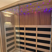 Savne Štrus Air Termo Premium Innensauna mit wärmbehandeltem Holz, Innenansicht mit LED-Beleuchtung und Holzbänken