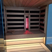 Savne Štrus Air Termo Premium Innensauna mit wärmbehandeltem Holz, Innenansicht mit Holzbänken und rotem Infrarot-Heizelement