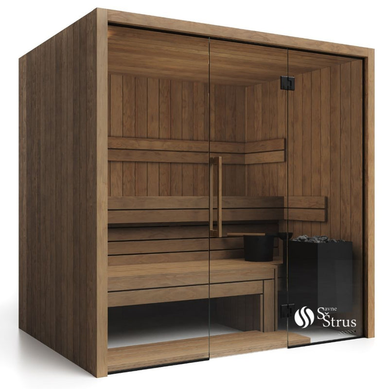 Savne Štrus Air Termo Premium Innensauna mit Thermo Holz, Glastür, Holzbänken eingerückt  und schwarzem Saunaofen
