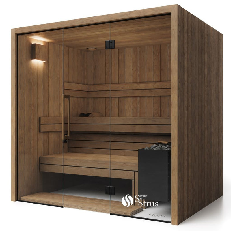 Savne Štrus Air Termo Premium Innensauna mit Thermo Holz, Glastür, Holzbänken eingerückt  und schwarzem Saunaofen