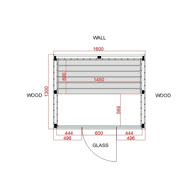 Air Termo Premium Innensauna Wärmbehandeltes Holz von Savne Štrus - Grundriss mit Maßen, Holzkonstruktion und Glastür