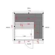 Air Termo Premium Innensauna von Savne Štrus - Grundriss mit Maßen, Holzkonstruktion und Glasfront