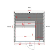Air Termo Premium Innensauna Wärmbehandeltes Holz von Savne Štrus - Grundriss mit Maßen, Innensauna mit Holzbänken und Glaselement