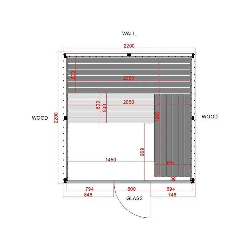 Air Termo Premium Innensauna Wärmbehandeltes Holz von Savne Štrus - Grundriss mit Maßen, Innensauna mit Holzbänken und Glaselement
