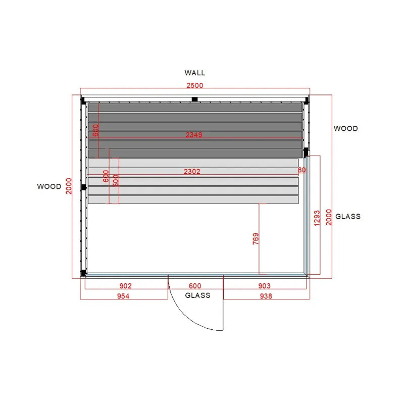 Air Termo Premium Innensauna - Wärmbehandeltes Holz von Savne Štrus, Grundriss mit Maßen und Holzbänken