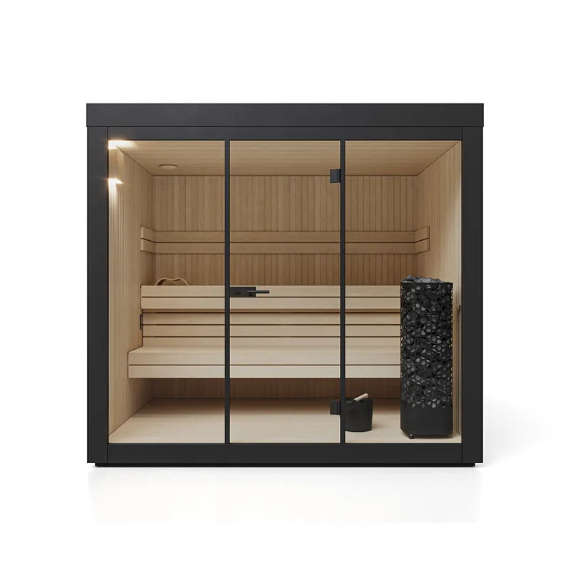 Savne Štrus Gartensauna ALTA Finnisch/BIO Sauna mit Holzinnenraum, Holzbänken und schwarzem Saunaofen