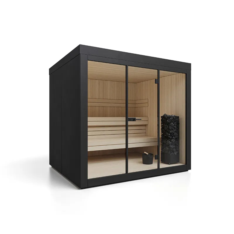 Savne Štrus Gartensauna ALTA – Finnisch/BIO Sauna mit schwarzem Rahmen, Holzinnenraum und Holzbänken