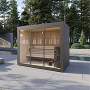 Gartensauna ALTA – Finnisch/BIO Sauna von Savne Štrus mit Glastüren im modernen Garten neben Pool