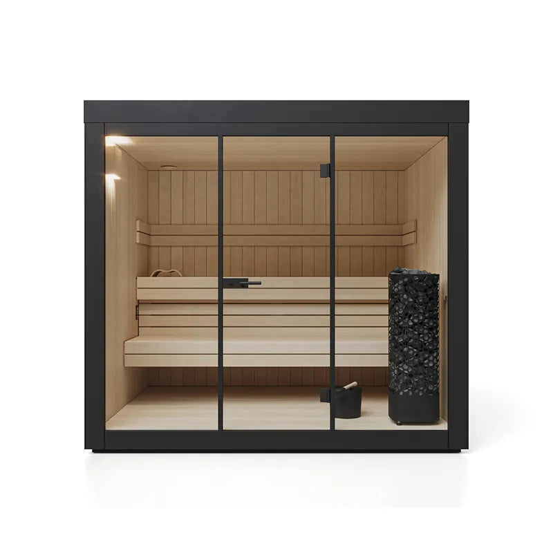 Savne Štrus Gartensauna ALTA Finnisch/BIO Sauna mit schwarzem Rahmen, Holzinnenraum, Holzbänken und Saunaofen
