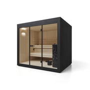 Gartensauna ALTA Finnisch/BIO Sauna von Savne Štrus mit schwarzem Rahmen, Holzinnenraum und Holzbänken