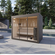 Gartensauna ALTA – Finnisch/BIO Sauna von Savne Štrus mit Holzinnenraum und Glasfront im Garten