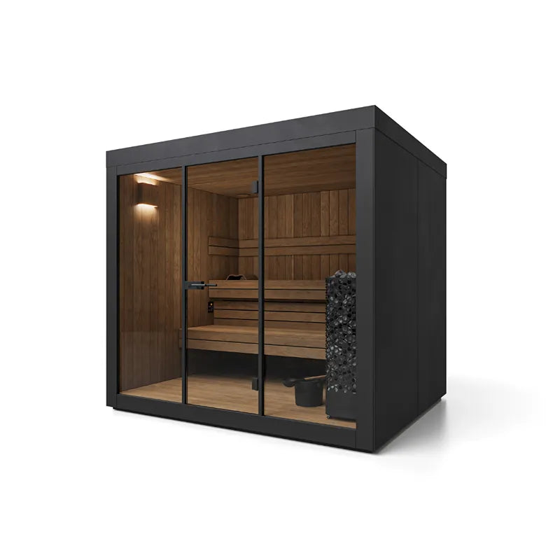 Savne Štrus Gartensauna ALTA Finnisch/BIO Sauna mit schwarzem Rahmen, Holzinnenraum, Holzbänken und Saunaofen