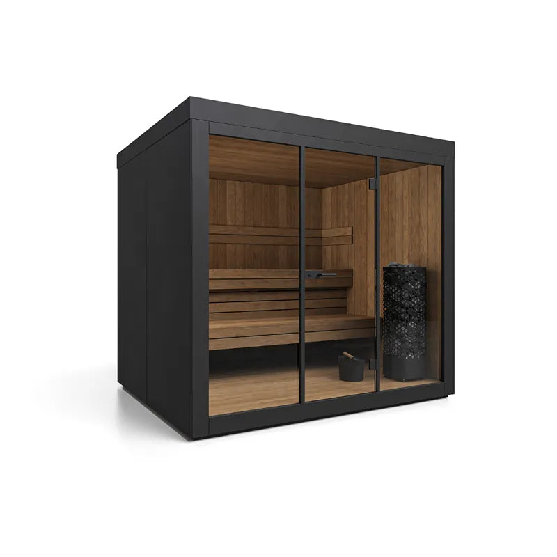 Savne Štrus Gartensauna ALTA – Finnisch/BIO Sauna mit schwarzem Rahmen, Holzinnenraum und Glastüren