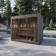 Gartensauna ALTA von Savne Štrus mit grauem Rahmen, Glastüren und Holzinnenraum im modernen Garten