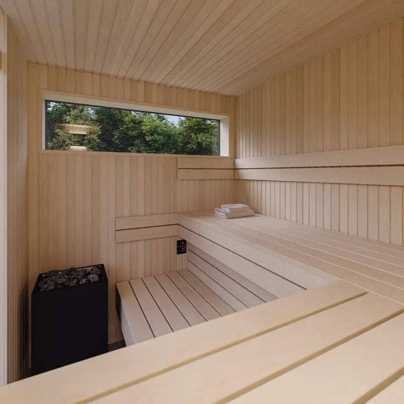 Savne Štrus Gartensauna Garden – Finnisch/BIO Sauna Innenraum mit Holzbänken und Fenster