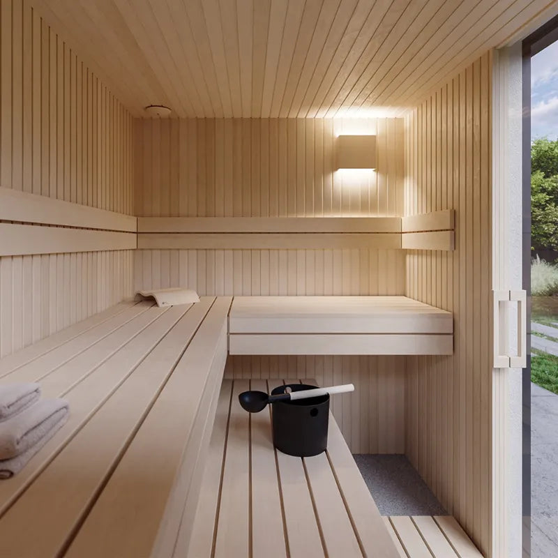 Savne Štrus Gartensauna Garden – Finnisch/BIO Sauna Innenraum mit Holzbänken und Saunaofen