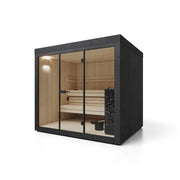 Savne Štrus Gartensauna IGNIS – Finnisch/BIO Sauna mit Holzinnenraum, Glastür und schwarzem Außenrahmen