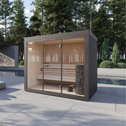 Savne Štrus Gartensauna IGNIS Finnisch/BIO Sauna mit Holzinnenraum, Glasfront und Saunaofen im Garten neben Pool