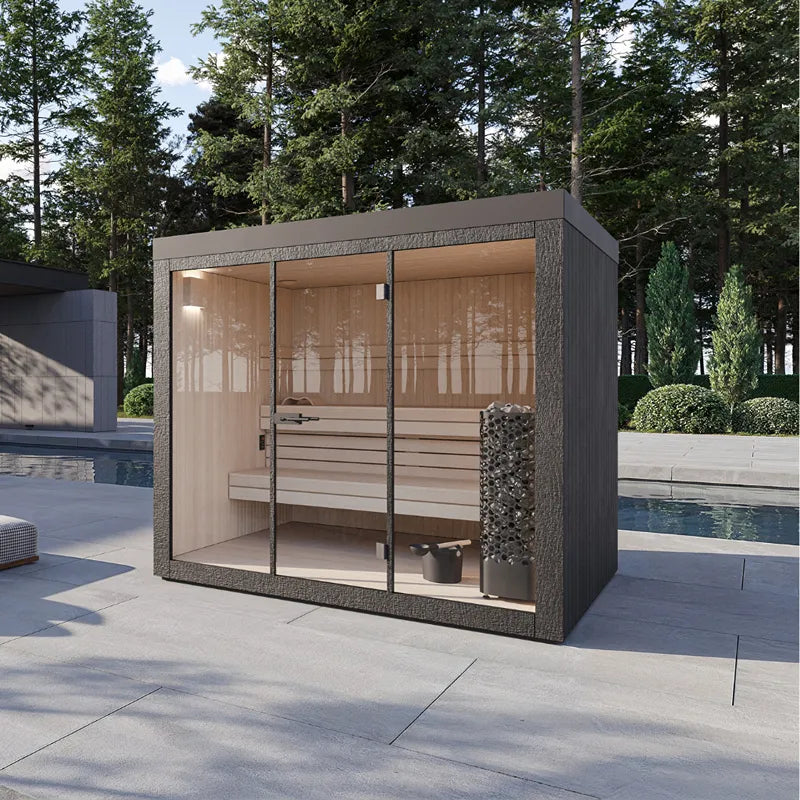 Savne Štrus Gartensauna IGNIS Finnisch/BIO Sauna mit Holzinnenraum, Glasfront und Saunaofen im Garten neben Pool