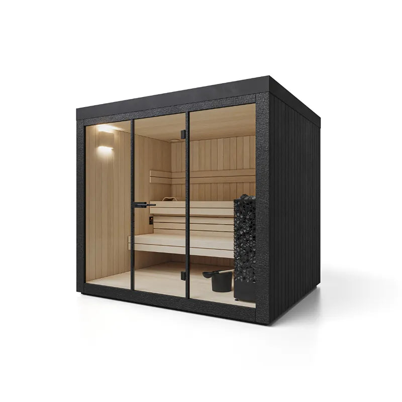 Savne Štrus Gartensauna IGNIS – Finnisch/BIO Sauna mit schwarzem Außengehäuse, Glastüren und Holzinnenausstattung
