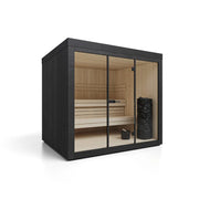 Savne Štrus Gartensauna IGNIS – Finnisch/BIO Sauna mit schwarzem Außenrahmen, Holzinnenraum und Sitzbänken