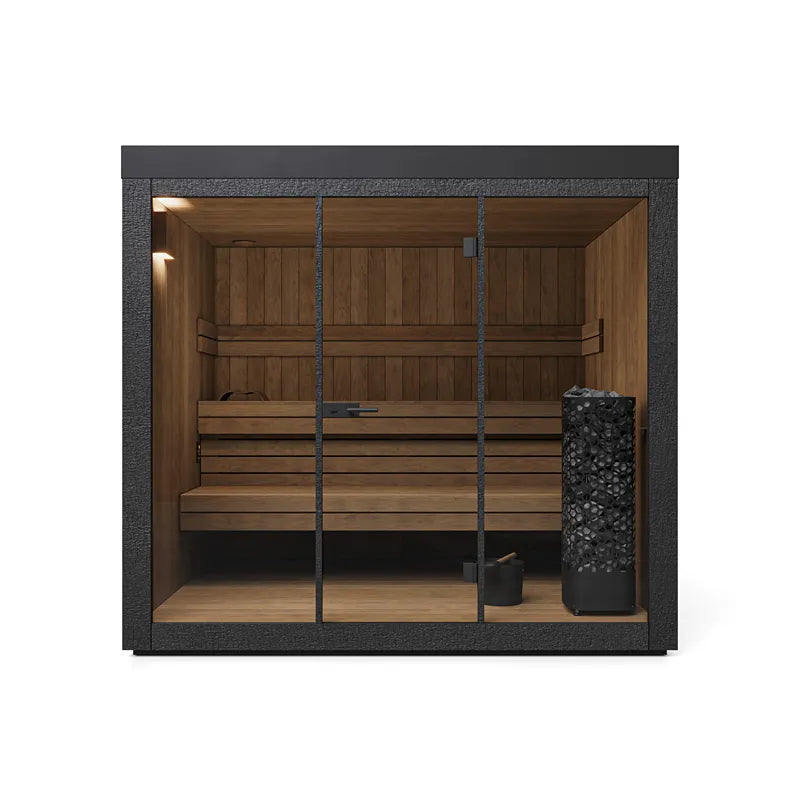 Savne Štrus Gartensauna IGNIS – Finnisch/BIO Sauna mit Holzinnenraum, Sitzbänken und Saunaofen