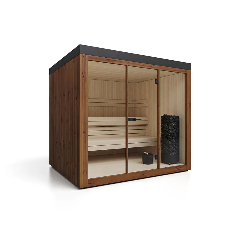 Savne Štrus Gartensauna PINUS – Finnisch/BIO Sauna mit Holzverkleidung, Glastüren und Innenausstattung