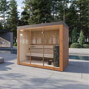 Savne Štrus Gartensauna PINUS – Finnisch/BIO Sauna mit Holzverkleidung und großen Glastüren im Garten neben Pool