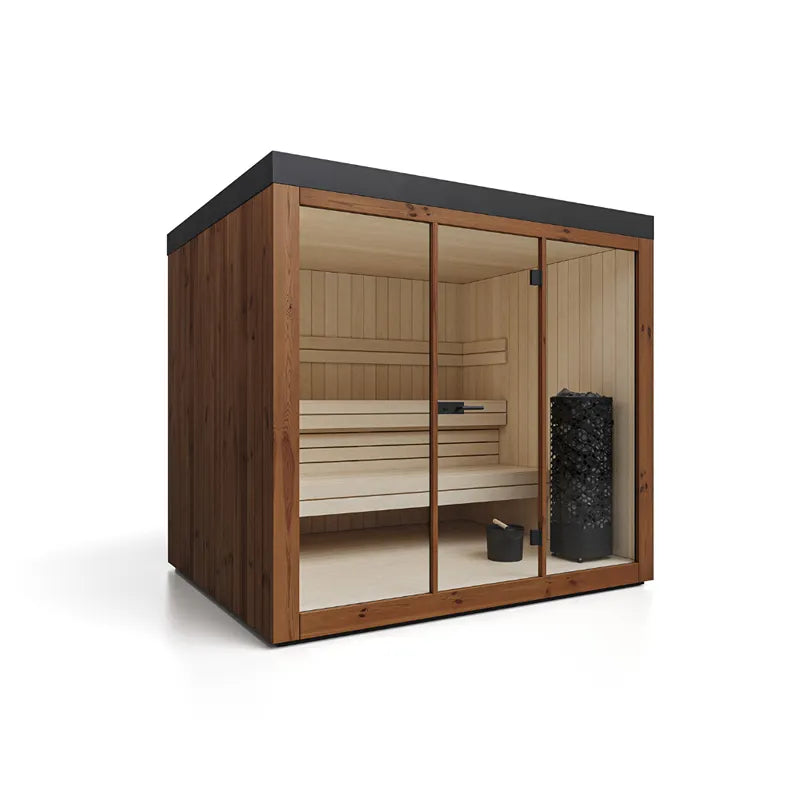 Savne Štrus Gartensauna PINUS Finnisch/BIO Sauna mit Holzverkleidung, Glastür und Innenausstattung