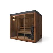 Savne Štrus Gartensauna PINUS – Finnisch/BIO Sauna mit Holzverkleidung, Glastür und Saunainnenraum mit Holzbänken