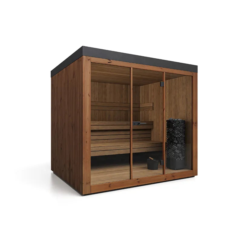 Gartensauna PINUS Finnisch/BIO Sauna von Savne Štrus mit Holzverkleidung, Glastür und Saunaofen