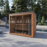Gartensauna PINUS – Finnisch/BIO Sauna von Savne Štrus mit Holzfassade und großen Glastüren im modernen Garten