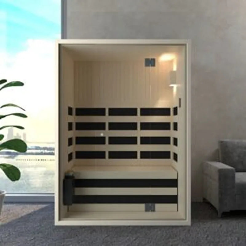 Savne Štrus Infrarot- & Salzsauna - Wellness bei niedriger Temperatur mit Holzbänken in modernem Wohnraum