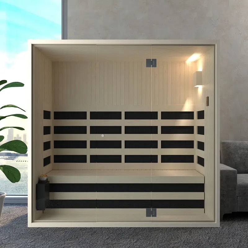 Savne Štrus Infrarot- & Salzsauna - Wellness bei niedriger Temperatur mit Glastüren und schwarzen Holzbänken in modernem Wohnraum