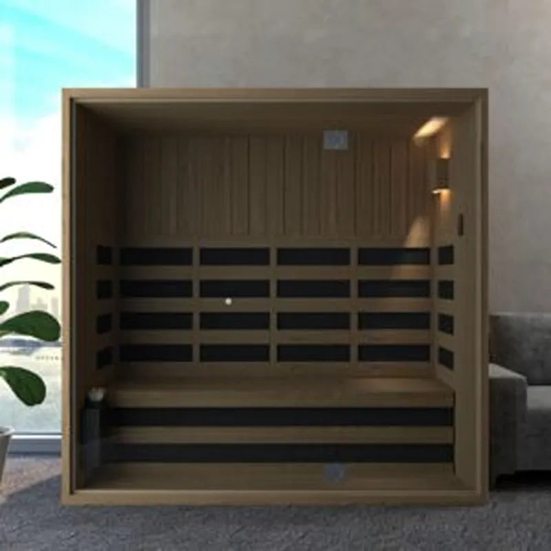 Savne Štrus Infrarot- & Salzsauna - Wellness bei niedriger Temperatur mit Holzinnenraum und Bänken in modernem Gartensetting