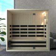 Savne Štrus Infrarot- & Salzsauna - Wellness bei niedriger Temperatur mit Holzinnenraum und schwarzen Bestuhlung in modernem Wohnzimmer
