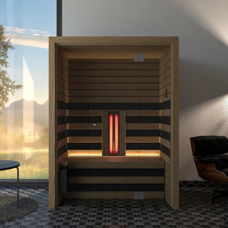 Savne Štrus Infrarot- & Salzsauna - Wellness bei niedriger Temperatur mit Holzbank und glühendem Infrarotheizer in modernem Wohnraum