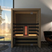 Savne Štrus Infrarot- & Salzsauna - Wellness bei niedriger Temperatur mit Holzaufbau, roten Infrarotheizelementen und Holzbänken im modernen Wohnraum