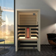 Savne Štrus Infrarot- & Salzsauna - Wellness bei niedriger Temperatur mit Holzbänken und rotem Infrarotheizer in modernem Wohnraum