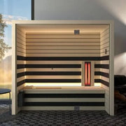 Savne Štrus Infrarot- & Salzsauna - Wellness bei niedriger Temperatur mit Holzinnenraum, Infrarotlicht und Sitzbank im Garten