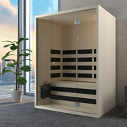 Savne Štrus Infrarot- & Salzsauna - Wellness bei niedriger Temperatur mit Glastüren und schwarzen Sitzbänken in modernem Wohnraum