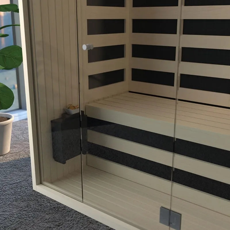 Savne Štrus Infrarot- & Salzsauna - Wellness bei niedriger Temperatur mit Glastür, Holzbänken und Infrarotheizelementen im Wohnraum