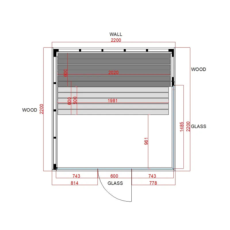 Savne Štrus Pure Innensauna - Minimalistisches Design 21×90mm Grundriss mit Maßen, Holzbänke und Glastür