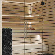 Savne Štrus Pure Innensauna - Minimalistisches Design 21×90mm mit horizontalen Holzlatten, integrierter Beleuchtung und Saunaofen
