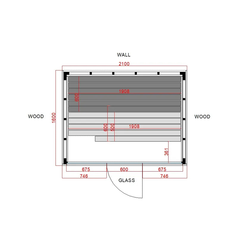 Savne Štrus Pure Innensauna - Minimalistisches Design 21×90mm Grundriss mit Maßen: 2100mm Wandbreite, 1600mm Holzhöhe, Glaselement und Holzbänke
