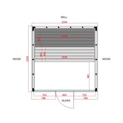 Savne Štrus Pure Innensauna - Minimalistisches Design 21×90mm Grundriss mit Maßangaben, Holzbänke und Glastür