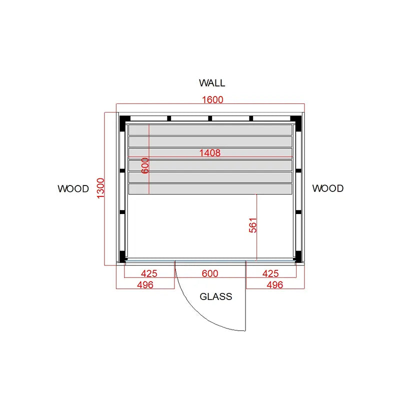 Savne Štrus Pure Innensauna - Minimalistisches Design 21×90mm Grundriss mit Maßen, Holzaufbau und Glasfront