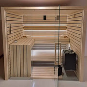 Savne Štrus Pure Innensauna - Minimalistisches Design 21×90mm mit Holzbank und Glastür in modernem Innenraum