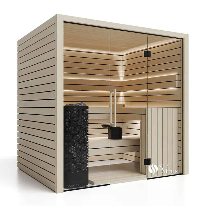Savne Štrus Pure Innensauna - Minimalistisches Design 21×90mm mit Holzlatten, Glastür und schwarzem Ofen