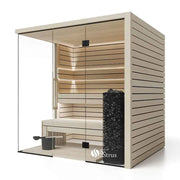 Savne Štrus Pure Innensauna - Minimalistisches Design 21×90mm mit Holzlatten, Glastür und schwarzem Saunaofen